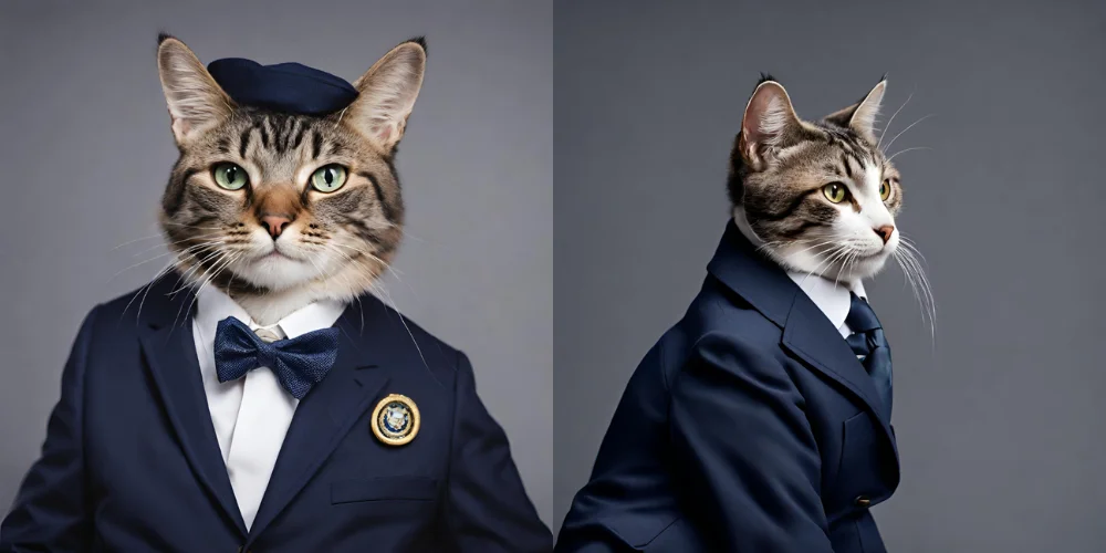 a cat wearing a navy suit - ai prompt