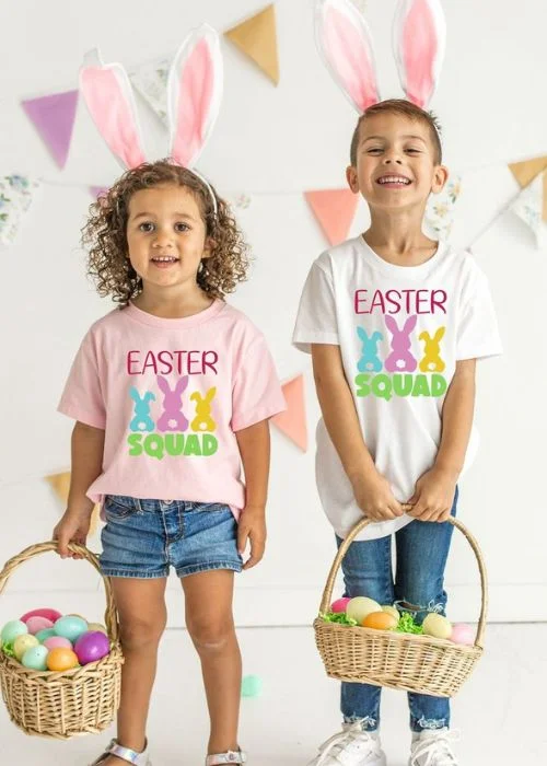 siblings wearing matching outfits, Easter indoor photo shoot, Easter indoor photography, Easter indoor portraits, Easter-themed indoor shoot