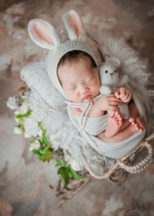 baby in a bunny costume, Easter basket baby photos, newborn Easter outfit photos, spring newborn photography, Easter baby portrait ideas