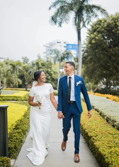 Walking wedding pose